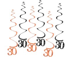 Q2Party - 30 Jaar Swirl - Slinger - Leeftijd - Versiering - Verjaardag - decoratie - Feest - Hangdecoratie - Rose Goud/Zwart – 6 stuks