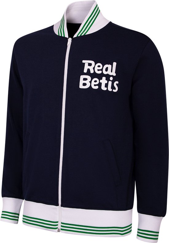 Marineblauw Real Betis sportvest met witte en groen gestreepte kraag en boorden, rits aan de voorkant.