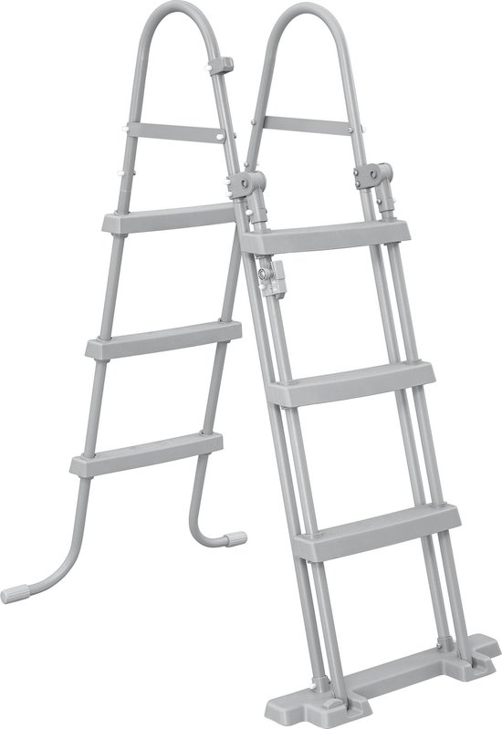 Grijze zwembadladder met opvouwbare treden en stabiele voet.