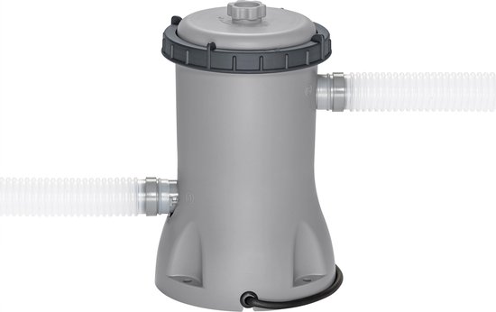 Grijze filterpomp met twee slangaansluitingen en een ronde dop, voor bovengronds zwembad.