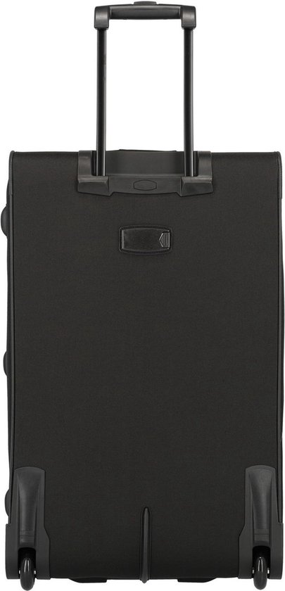 Arrière d'une valise trolley noire avec poignée télescopique et roues.