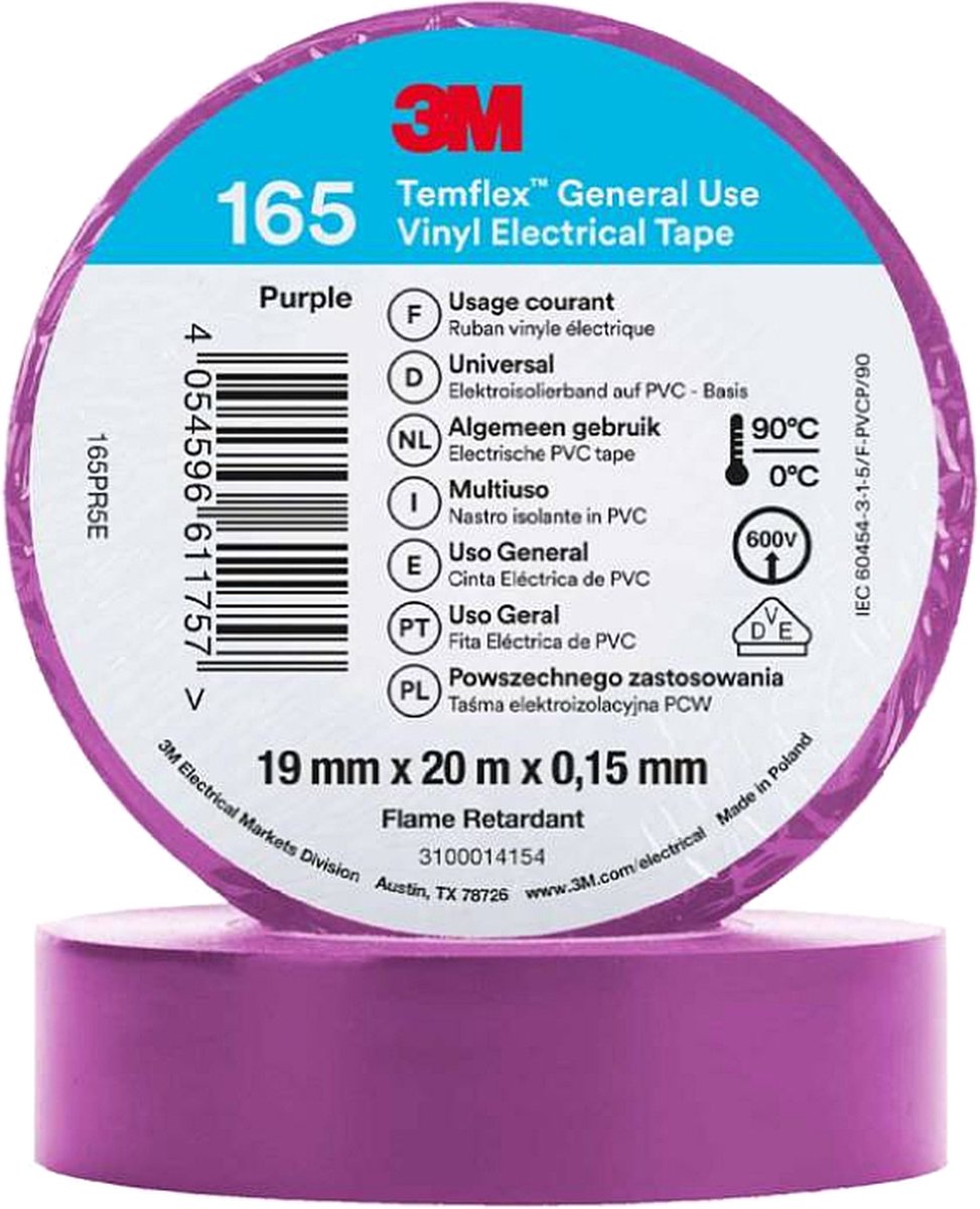 3M Isolatie Tape - 19mm breed - 0,152mm dik - 20 meter - Paars