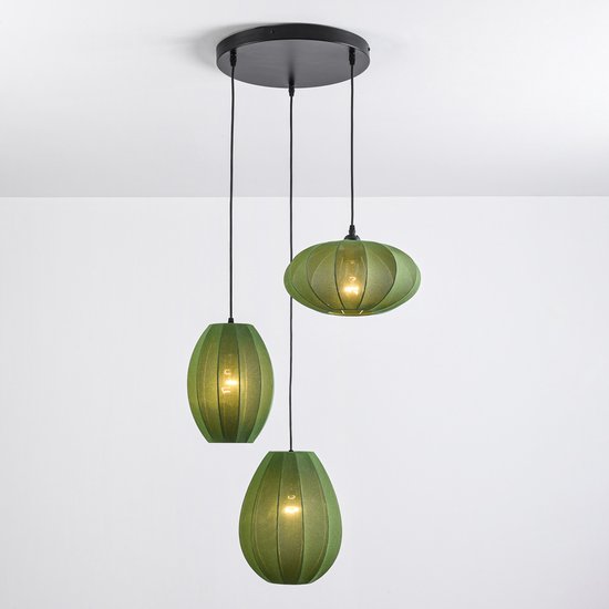 Suspension japandi 3 lumières avec lanternes en tissu vert - Fabrica