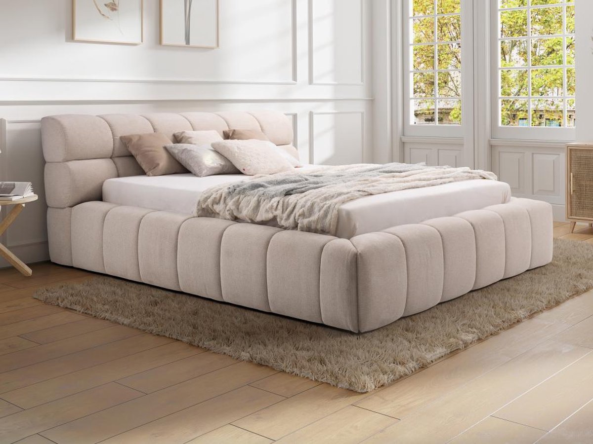 Vente-unique Bed met opbergruimte stof beige 180 x 200 cm (Super King Size Bed)