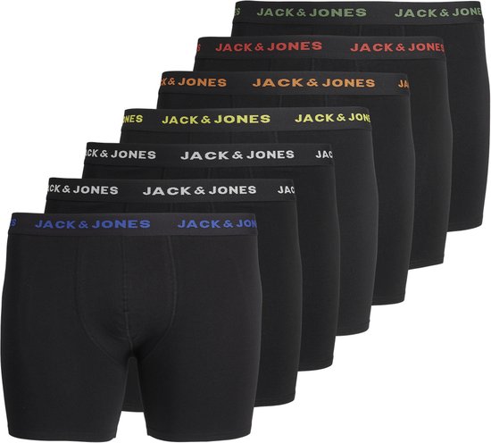 Set van zeven zwarte JACK & JONES boxer shorts met gekleurde taillebanden: groen, geel, oranje, rood, donkerblauw, lichtblauw en wit.
