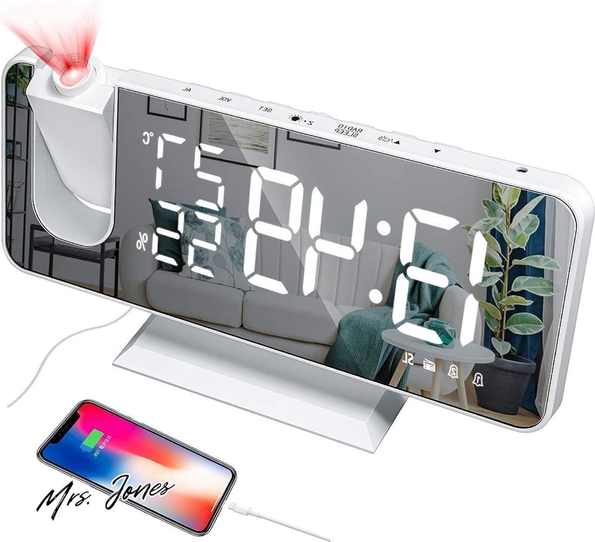 Mrs. Jones Projectiewekker voor het nachtkastje - digitale klok - 180 graden draaibare projector - 4-traps helderheidsdimmer - digitale wekkerradio - temperatuur-hygrometer .