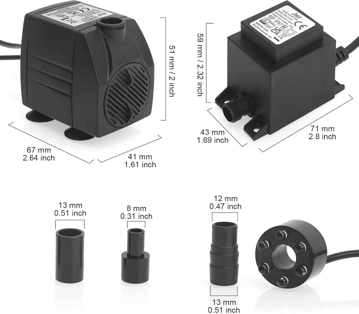 Dompelpomp 12V AC 600L/H met LED-lichtring voor vijver, aquarium en fontein thumbnail 5