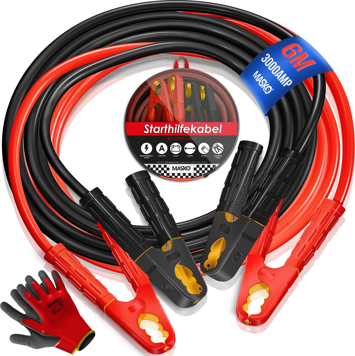 MASKO® Startkabels Auto 6 Meter 1500A voor benzine, diesel en hybride Motoren | Starthulp Jumpstarter Geschikt voor Auto, Vrachtwagen, Bus en Boot| inclusief handschoenen en opbergtas - Zwart / Rood