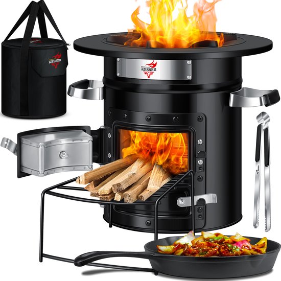 KESSER® Raket Stove / Camping Kachel / Wood Stove Incl. Gietijzeren Grillpan met Draagtas, Dutch Oven BBQ Raket Houtfornuis Camping Grill, Roestvrij Staal - Zwart