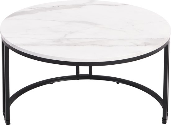 Moderne nesting-salontafel, salontafelset, hoogglanzend tafelblad, gemarmerd, bijzettafel, ronde nesting-salontafel, set van 2, zwart frame