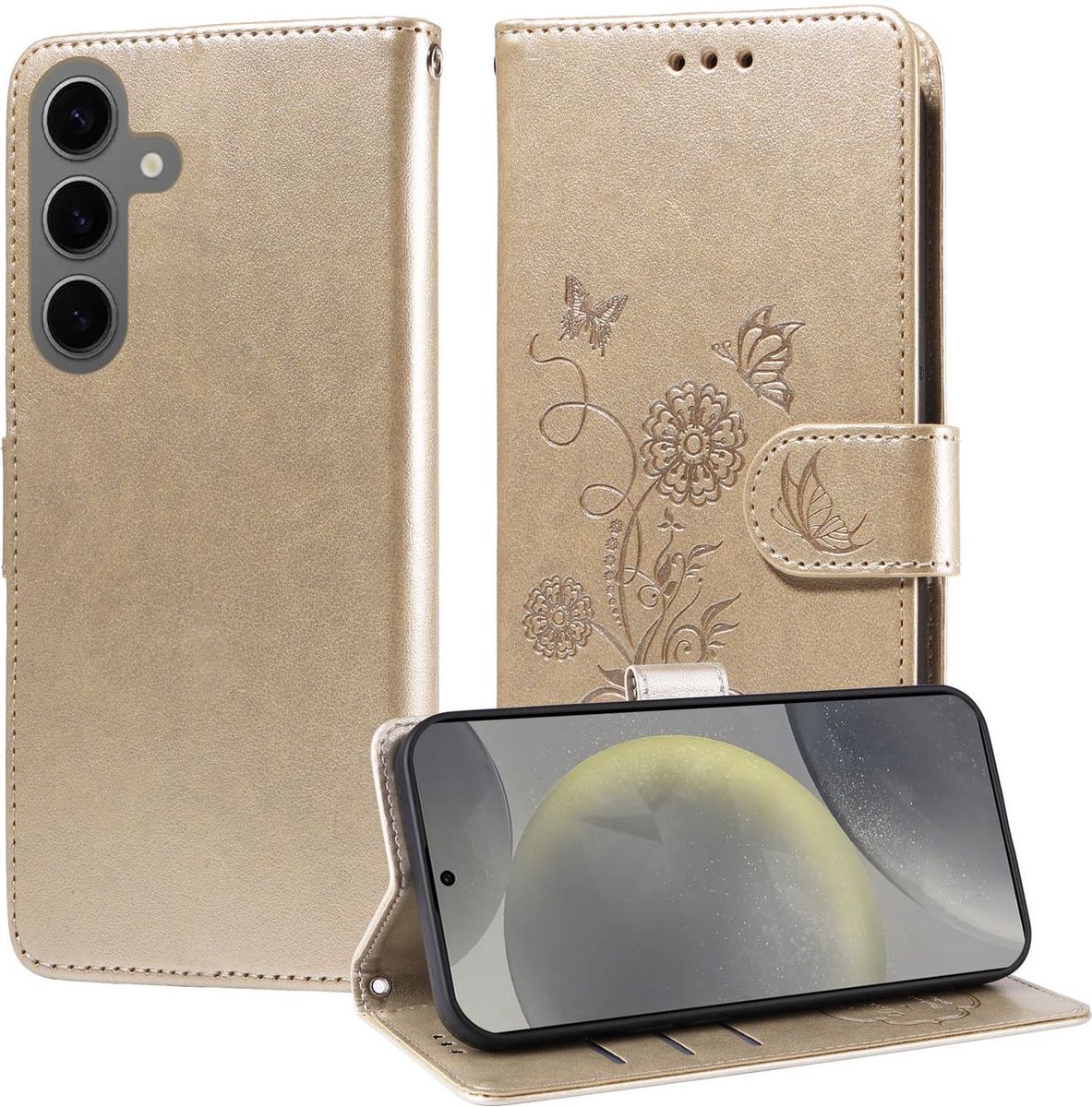 Mobigear Telefoonhoesje geschikt voor Samsung Galaxy S24 FE Hoesje | Mobigear Flowers Bookcase Portemonnee | Pasjeshouder voor 3 Pasjes | Telefoonhoesje voor Pinpas / OV Kaart / Rijbewijs - Goud