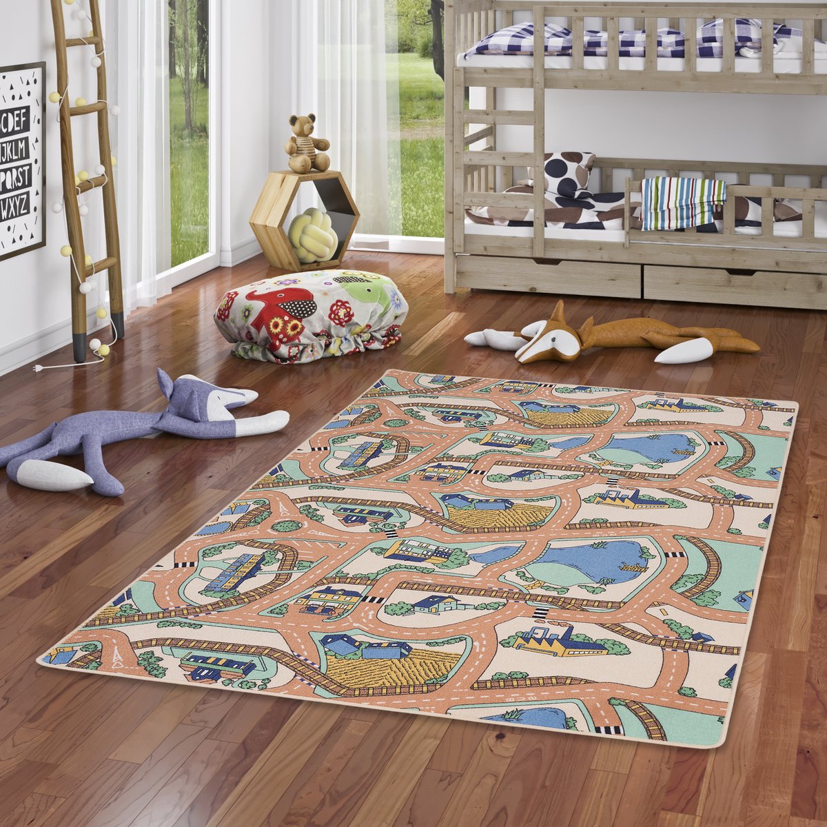 TT Home Kindertapijt, speeltapijt, voor kinderkamer, straatmotief, met dieren, crème, Maat:100x200 cm