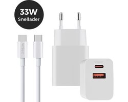 33W Snellader met dubbele poort - USB C en USB A adapter - Dual port fast charger - inclusief 100W USB C datakabel 2 meter - geschikt voor iPhone en Samsung - wit – WiseQ