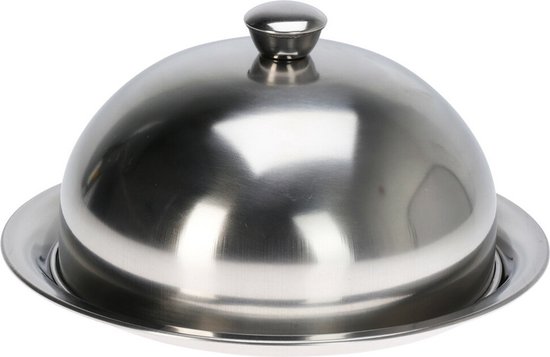Excellent Houseware serveerschaal stolp met dienblad - zilver - rvs - D31 x H15 cm - voedsel serveren - met deksel