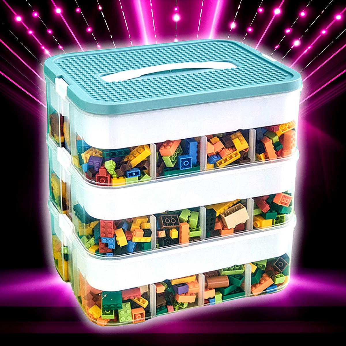 Allernieuwste.nl® Sterke Speelgoed Opbergbox - Sorteerdoos voor Bouwstenen 3 lagen met Onderverdelingen - Kleur Mint Blauw