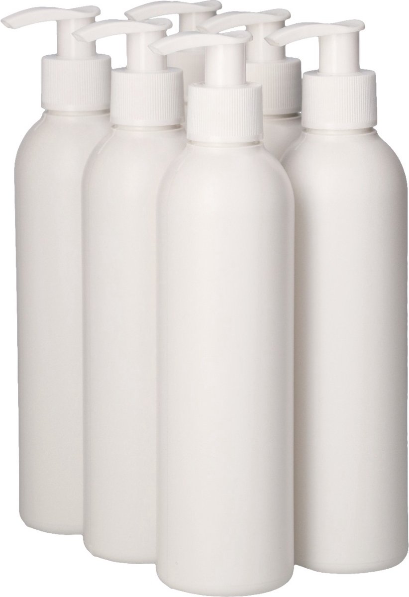 6 x 250 ml ronde fles HDPE wit + Dispenserpomp wit- BPA Vrij - Niet Breekbaar - Plastic Flesjes Navulbaar - Met Dop - Lege Flessen - 6 stuks