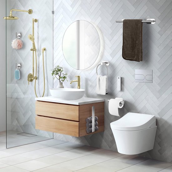 Handdoekenrek Set 6 Delig - Badkameraccessoires Zonder Boren, Wandmontage, Roestvrij Staal - Inclusief Handdoekrails, Handdoekring en Toiletpapierhouder — afbeelding 5