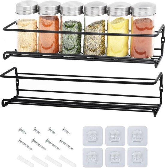 Étagère à épices murale en métal pour cuisine - solide et facile à installer - noir - 2 étagères à épices peuvent être accrochées