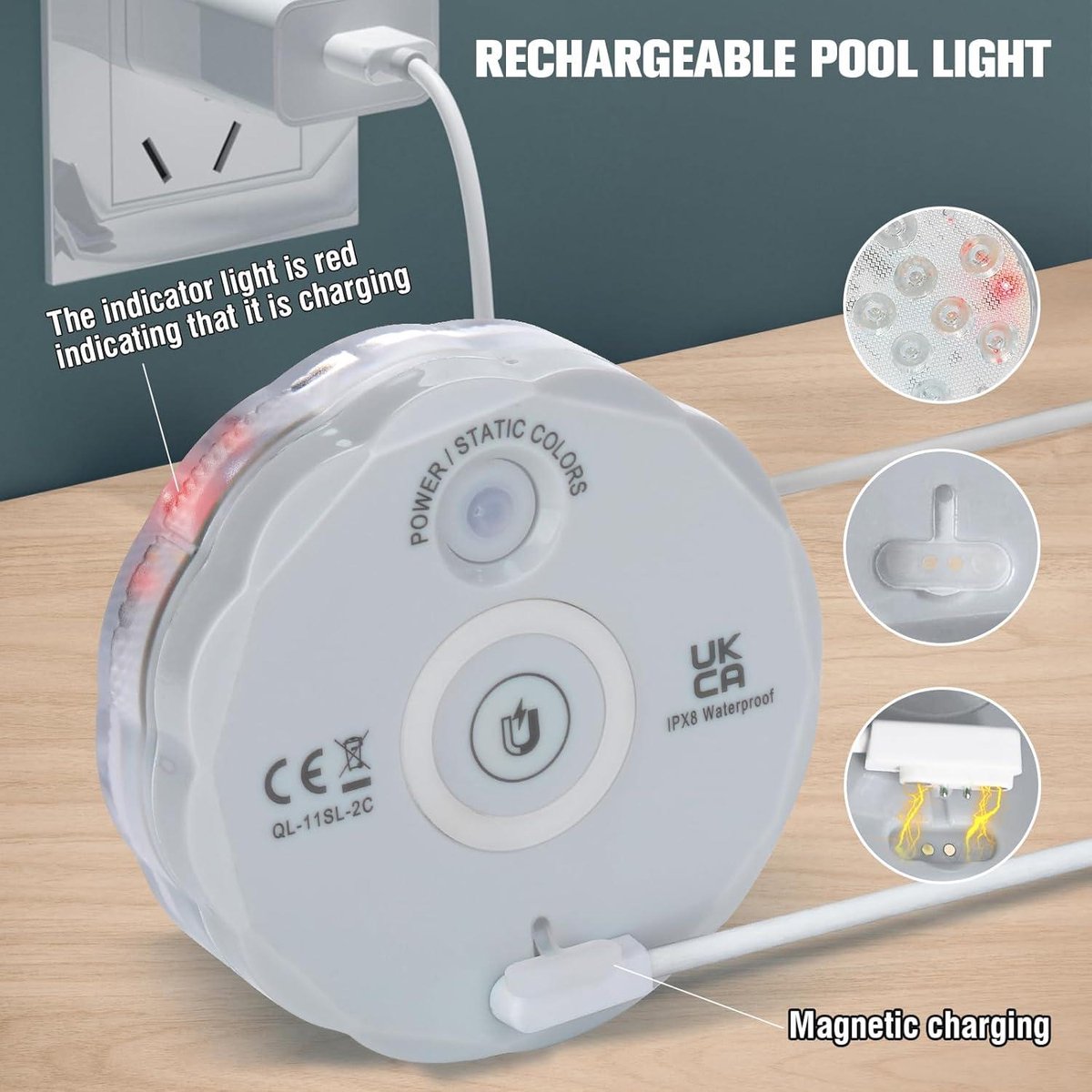 Qoolife USB oplaadbare dompellamp WRGB 3,3 inch kleurrijke magnetische led voor badkuip, aquarium, zwembad, vijver, decoratie, spa, Kerstmis - 1 stuk