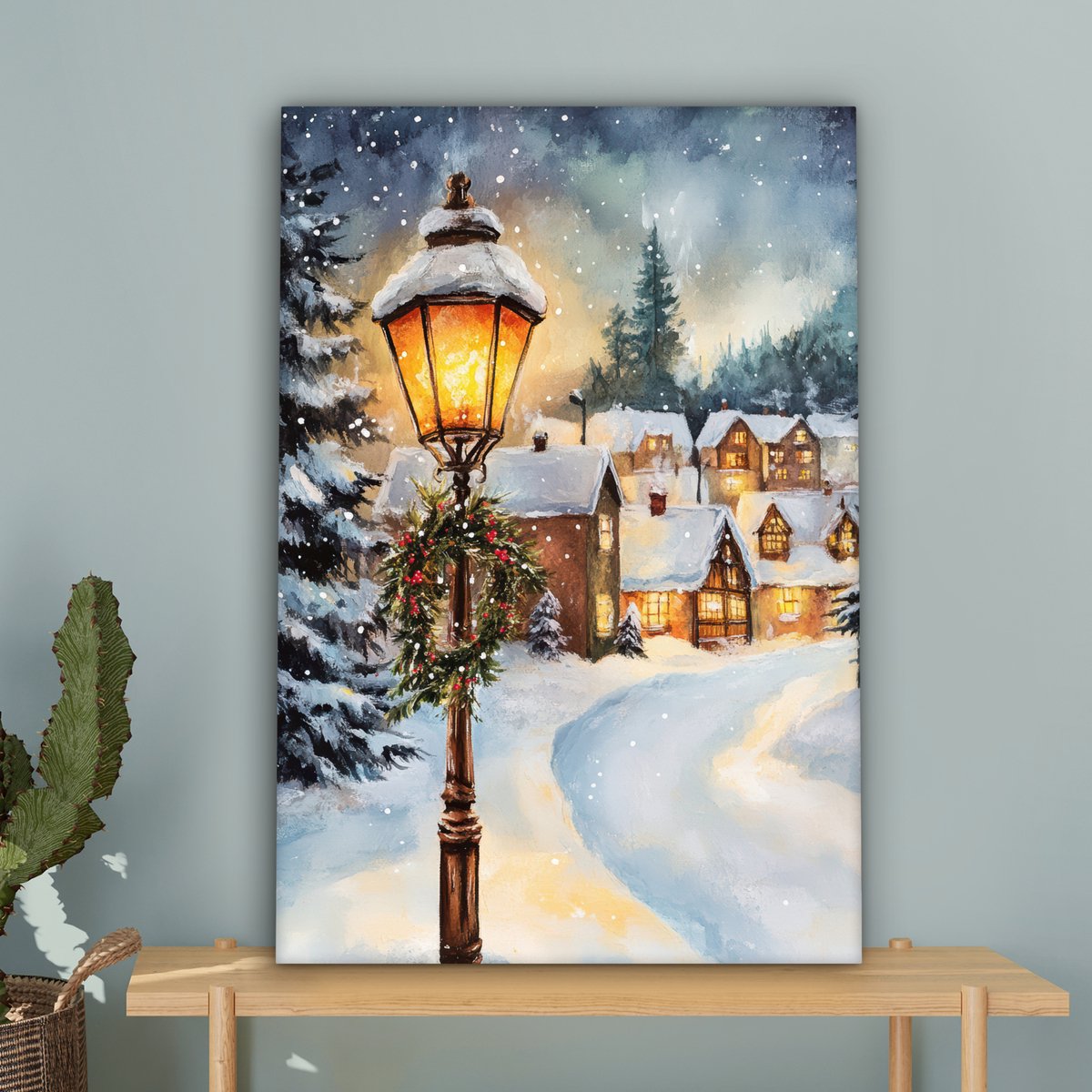 Canvas schilderij 60x90 cm - Wanddecoratie Kerstdorp - Huizen - Sneeuw - Kerst - Muurdecoratie woonkamer - Slaapkamer decoratie - Kamer accessoires - Schilderijen op canvas - Kerstdecoratie voor binnen - Kerstversiering - Kerstmis versiering – foto 3