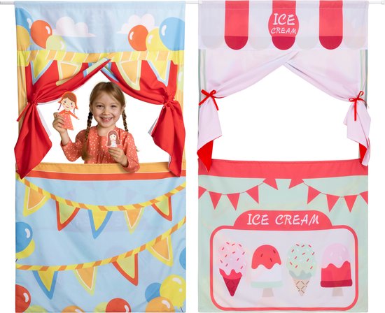 Foto: Navaris dubbelzijdig hangend deur theater 128 x 78 cm poppenkast en speelgoed ijskraam met uitschuifbare gordijnroede kinderspeelgoed