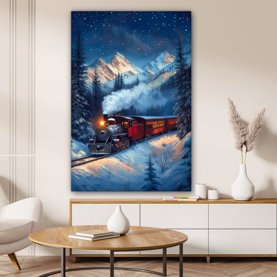 Canvas schilderij 90x140 cm - Wanddecoratie Trein - Kerst - Sneeuw - Kersttrein - Muurdecoratie woonkamer - Slaapkamer decoratie - Kamer accessoires - Schilderijen op canvas - Kerstdecoratie voor binnen - Kerstversiering - Kerstmis versiering