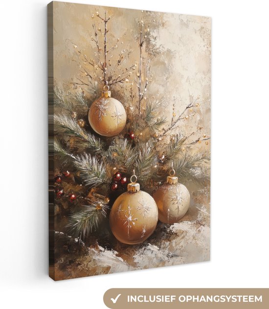 Canvas schilderij 90x140 cm - Wanddecoratie Kerst - Kerstballen - Beige - Goud - Muurdecoratie woonkamer - Slaapkamer decoratie - Kamer accessoires - Schilderijen op canvas - Kerstdecoratie voor binnen - Kerstversiering - Kerstmis versiering