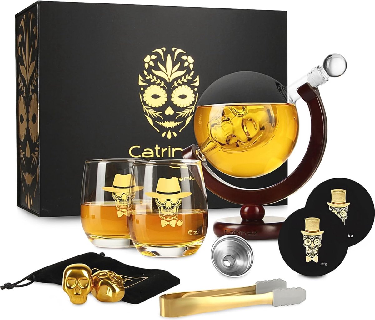 Whiskey Karaf Set - Luxe 0,9L Skull Design met Glazen, Onderleggers en Gouden Whiskey Stenen - Perfect Cadeau