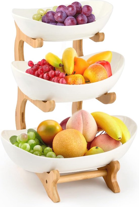Bamboe fruitmand met 2 verdiepingen, fruitetagère, houten Bamboe fruitmand met 2 verdiepingen, fruitetagère, houten