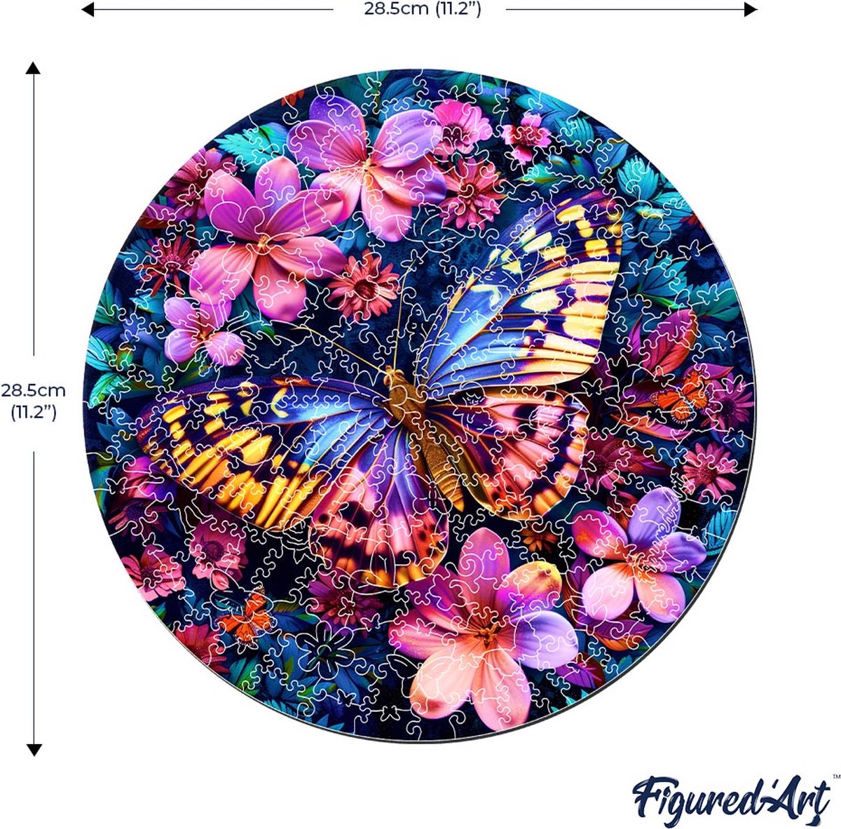 Figured'Art Houten Puzzel 200 Stukjes Volwassenen en Kinderen - Dieren - Vlinder en Bloemen - Uniek Design 28,5x28,5 cm met Premium Houten Doos, Perfect als Cadeau — cadeau in Spellen & Speelgoed - foto 2