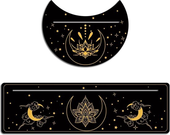 GORGECRAFT 4 Stuks 2 Kleuren Houten Tarot Kaart Stand Houder Maan Fase en Bloemen Patroon Tarot Kaart Zwart Altaar Stand Rechthoek Maan Vorm Tarot Kaart Display Houder voor Heks Divinatie