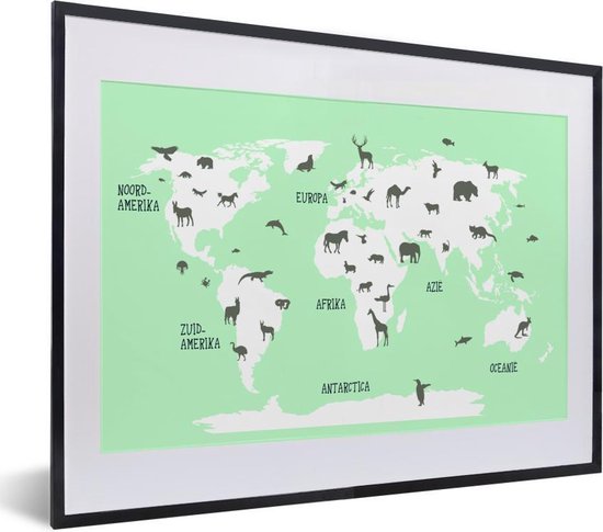 Photo en cadre - Wereldkaart avec fond vert menthe et cadre photo animalier noir avec passe-partout blanc petit 40x30 cm - Affiche sous cadre (Décoration murale salon / chambre)