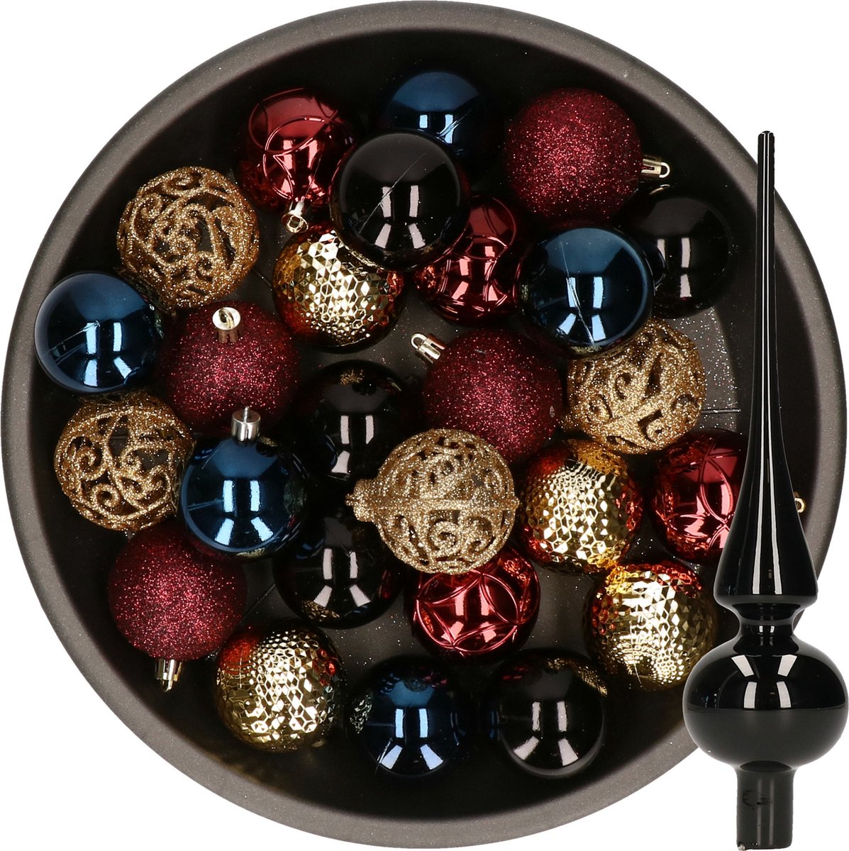 Decoris Kerstballen - 37ST - kunststof - 6 cm - met glazen piek - blauw-goud-rood-zwart