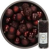 Decoris Kerstballen - 37x stuks - 6 cm - incl. kralenslinger - mahonie bruin - kunststof