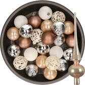 Decoris Kerstballen - 37x ST - kunststof 6 cm - bruin-zilver-wit - met glazen piek