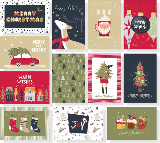 48x Partizzle Leuke Kerstkaarten met Enveloppen Set - Luxe Wenskaarten Versturen - Ansichtkaarten Kerst 2024 - 15x10 cm
