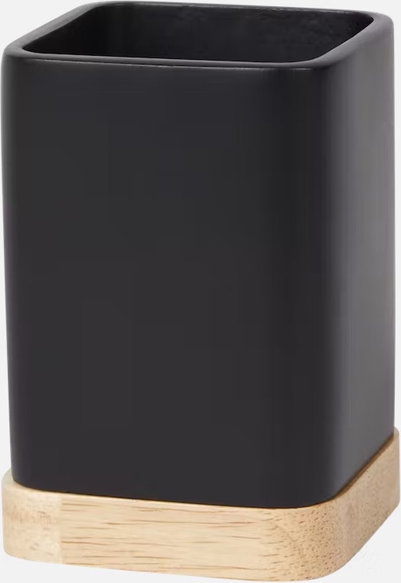 Tandenborstelhouder zwart met FSC®-gecertificeerd hout - Badkamerbeker 7 x 7 x 10 cm