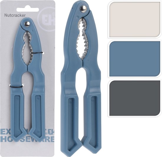 Deux casse-noix bleus sur un emballage avec trois carrés de couleur sur le côté : beige, bleu et gris.