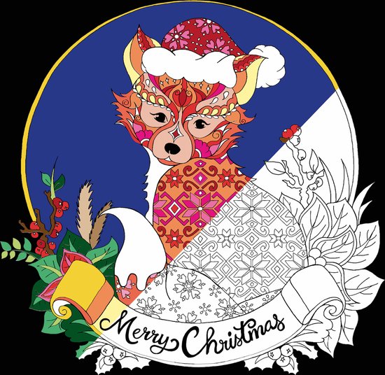 Een gekleurde vos met kerstmuts, omringd door kerstversiering en een banner met 'Merry Christmas'.