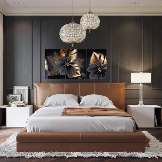 Set van 3 designer canvas poster wandschilderijen, abstract zwart gouden plantenblad canvas poster print, moderne Scandinavische decoratie, muurkunst, schilderij, afbeelding
