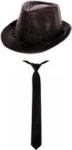 Toppers in concert - Folat Verkleedkleding set pailletten hoed / stropdas zwart volwassenen