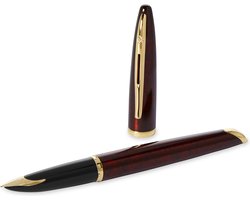 Waterman Carène Marine Amber-vulpen | glanzend bruin en zwart met 23-karaats gouden clip | mediumpunt met blauwe inktpatroon | geschenkverpakking