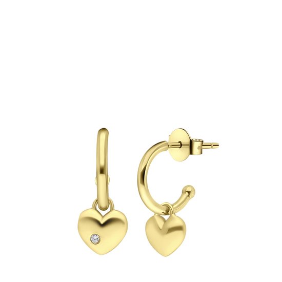 Lucardi Dames Goldplated oorbellen hart met zirkonia - Oorbellen - Cadeau - Echt Zilver - Goudkleurig