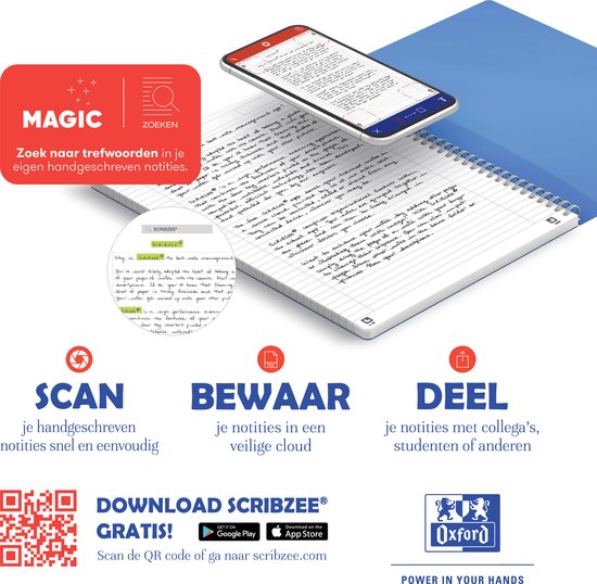 Scribzee app op telefoon en tablet, met tekst en foto's. Iconen voor scannen, bewaren en delen.