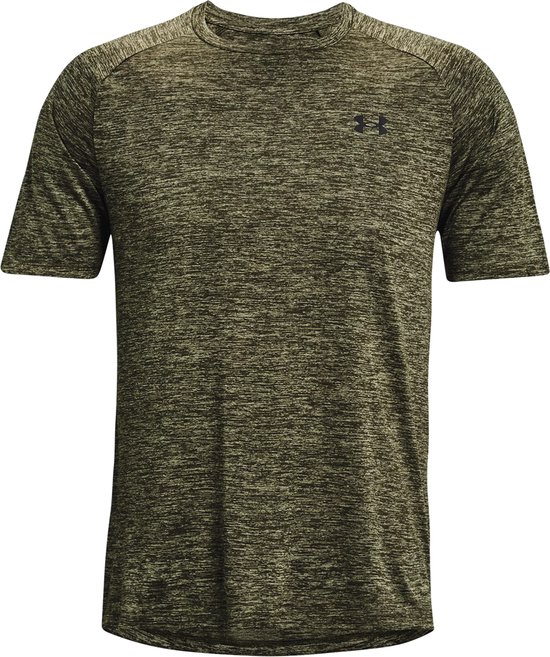 Groen gemêleerd Under Armour sportshirt met korte mouwen, een ronde hals en het Under Armour logo op de borst.