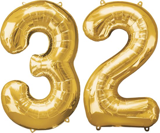 Versiering 32 Jaar Ballon Cijfer 32 Verjaardag Versiering Folie Helium Ballonnen Feest Versiering XL Formaat Goud - 86Cm