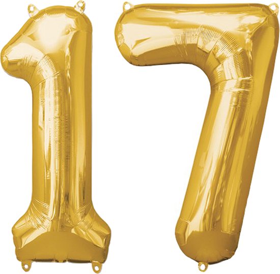 Versiering 17 Jaar Ballon Cijfer 17 Verjaardag Versiering Folie Helium Ballonnen Feest Versiering XL Formaat Goud - 86Cm