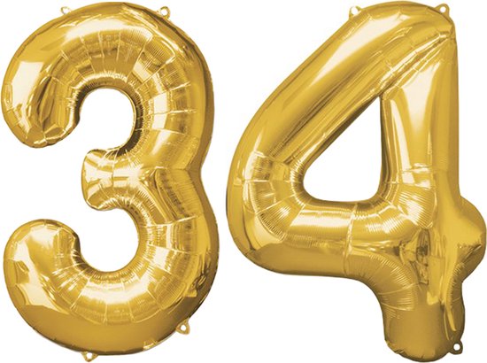Versiering 34 Jaar Ballon Cijfer 34 Verjaardag Versiering Folie Helium Ballonnen Feest Versiering XL Formaat Goud - 86Cm