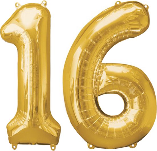 Versiering 16 Jaar Ballon Cijfer 16 Verjaardag Versiering Folie Helium Ballonnen Feest Versiering XL Formaat Goud - 86Cm