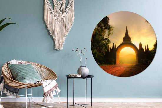 Lever de soleil à travers une arche de pierre. Cercle mural en aluminium ⌀ 140 cm
